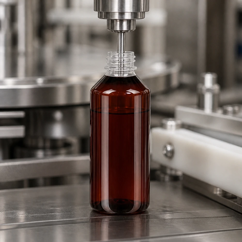 Butelka PET 1000ml z białą nakrętką OV + kubek. Pharmagerechte Abfüllung brauner 1L PET Flasche mit Originalverschluss in Reinraumanlage