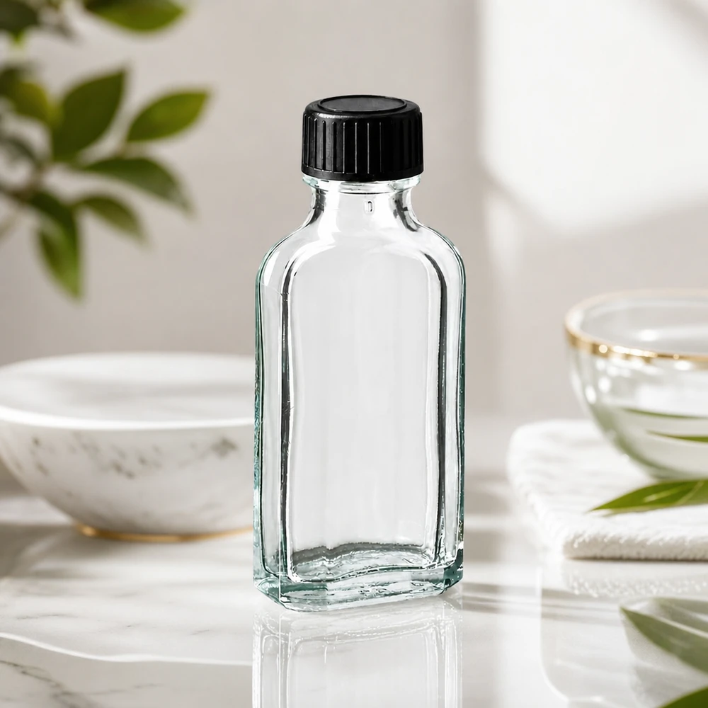 50 ml Przezroczysta zakrętka Meplat z dyskiem uszczelniającym z EPE Prostokątna szklana butelka o pojemności 50 ml, przezroczysta, z czarną zakrętką, na marmurowym podłożu