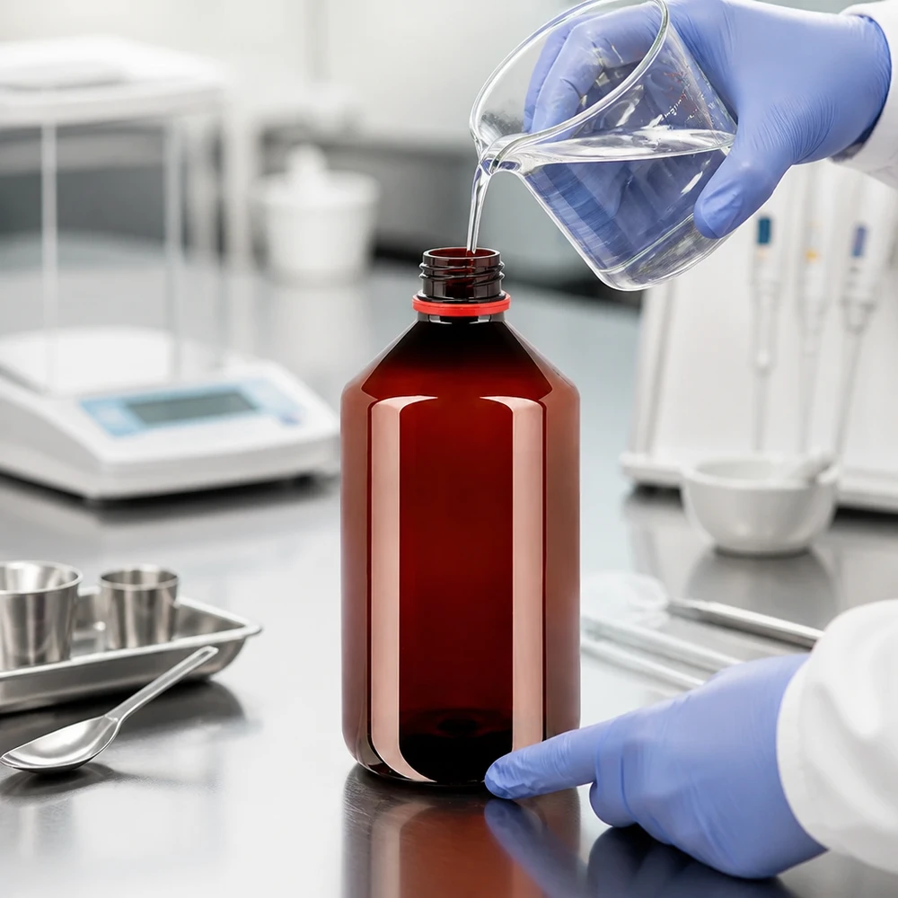 Butelka PET 500 ml z białą/czerwoną nakrętką OV Butelka PET chroniąca przed światłem o pojemności 500 ml z czerwonym zamknięciem zabezpieczającym przed manipulacją, przeznaczona do wrażliwych na światło płynów laboratoryjnych