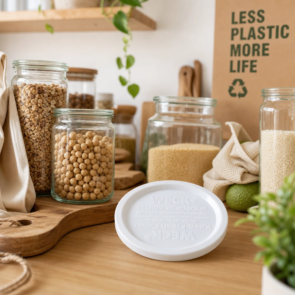 Pokrywka WECK REX Keep Fresh RR120 biała w zrównoważonej kuchni zero waste ze słoikami do przechowywania i drewnianymi naczyniami