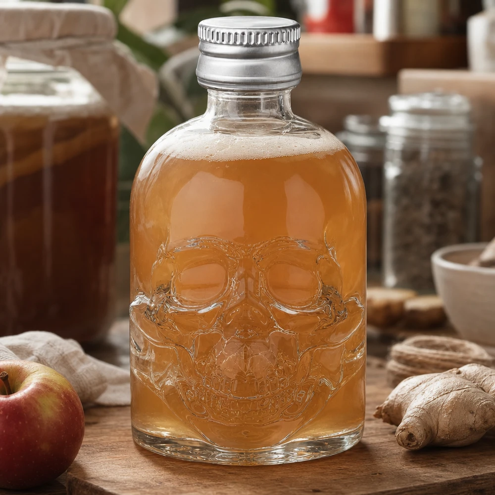 50 ml szklana butelka Hector z płaskorzeźbą czaszki wypełniona napojem jabłkowo-imbirowym w naturalnym otoczeniu kuchni