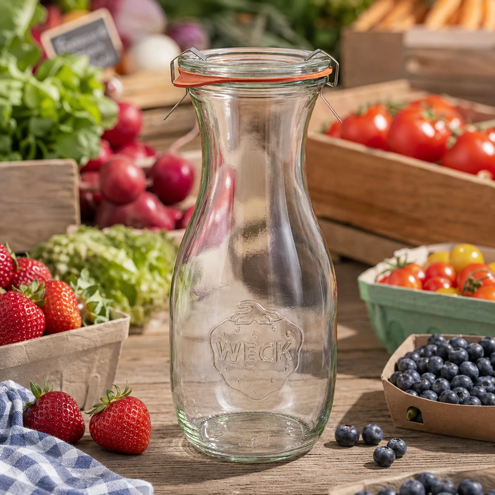 Kompletny zestaw do butelki na sok o pojemności 530 ml WECK RR60 Butelka na sok WECK 530ml RR60 pusta z uchylną pokrywą pomiędzy świeżymi owocami i warzywami na drewnianym stole