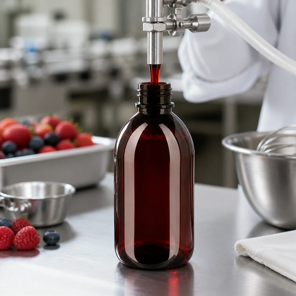 Butelka PET 250 ml z czarną nakrętką OV Lebensmittelechte 250ml PET Flasche dunkelbraun mit OV-Sicherheitsverschluss in Produktionsanlage