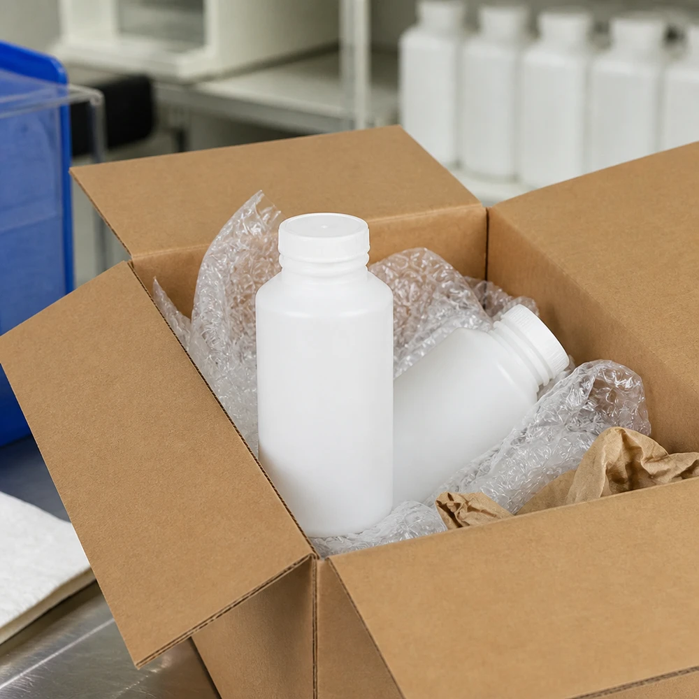 Butelka apteczna HDPE 30ml biała, bez zakrętki Biała butelka apteczna z HDPE o pojemności 30 ml, bez nakrętki, zapakowana w karton wysyłkowy z folią bąbelkową
