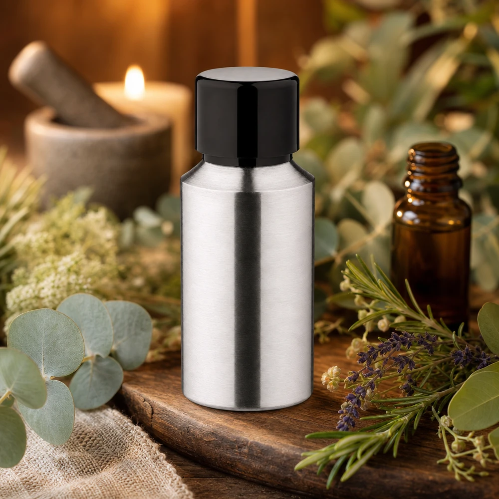 Butelka z polerowanego aluminium o pojemności 30 ml z zakrętką Butelka z polerowanego srebrnego aluminium o pojemności 30 ml do olejków eterycznych i aromaterapii