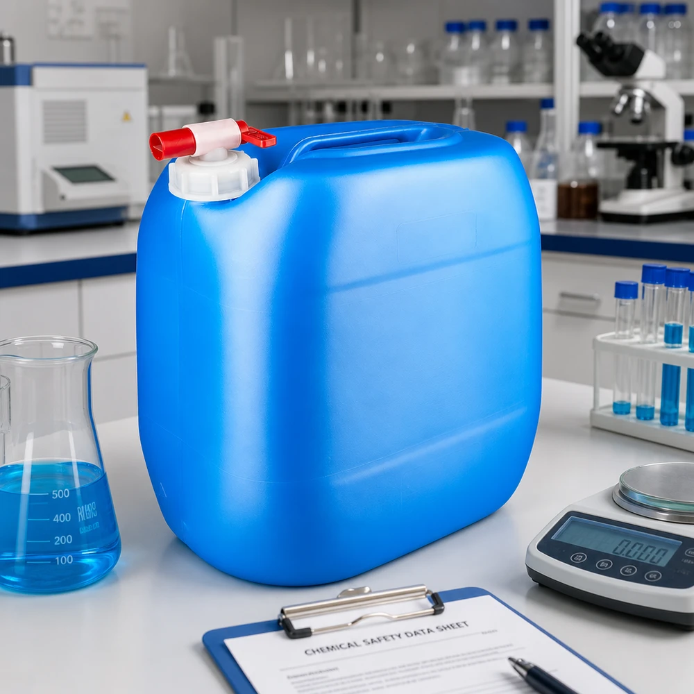 Jasnoniebieski kanister z HDPE o pojemności 30 l z czerwonym kranikiem na białym stole laboratoryjnym