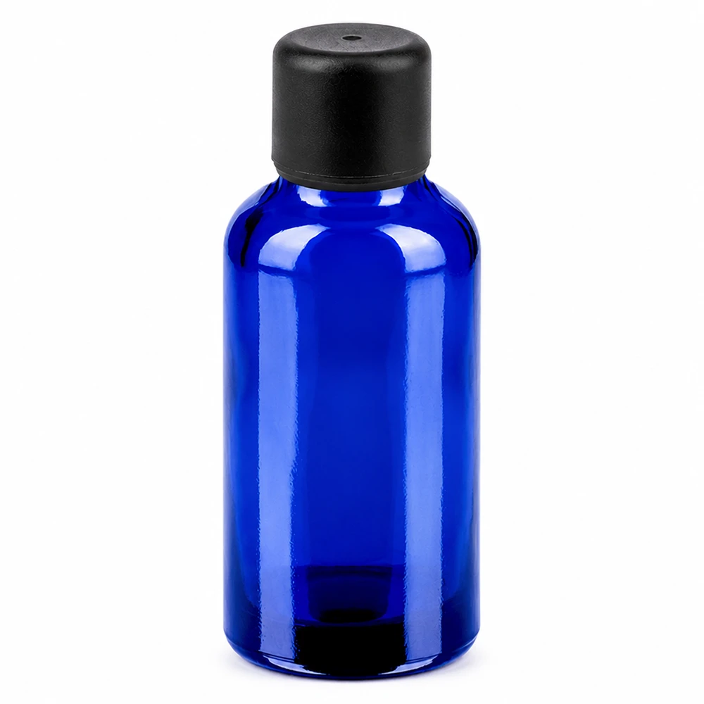 Butelka 30 ml 6 mm SV czarna STD BlueLine UT18/30 Niebieska szklana butelka o pojemności 30 ml z czarną zakrętką na olejki eteryczne i kosmetyki