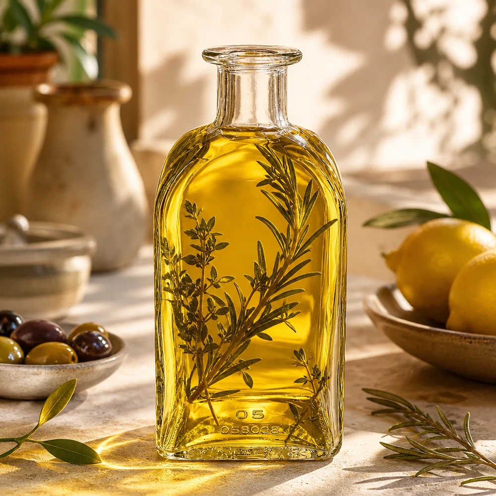 500 ml szklana butelka Julia wypełniona oliwą z oliwek i ziołami Kuchnia śródziemnomorska z oliwkami i cytrynami