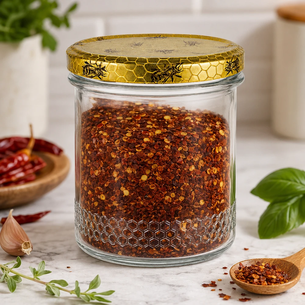 560g Honigglas + BasicSeal Deckel Bienenwabe UNiTWIST Słoik miodu o pojemności 400 ml wypełniony mieszanką przypraw chili, pokrywka w kształcie plastra miodu, scena kuchenna z ziołami i drewniana łyżka