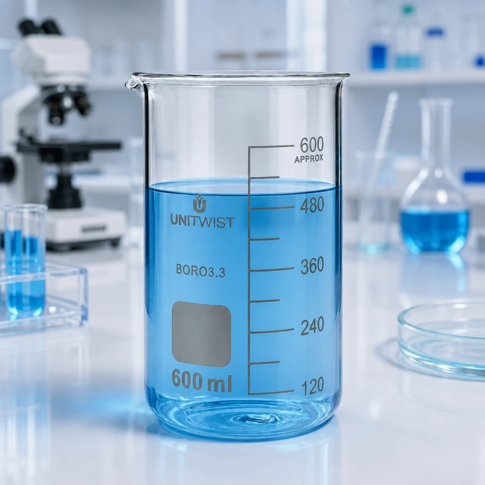 Szklanka UNITWIST o pojemności 600 ml, wykonana ze szkła borokrzemowego, o wysokim kształcie, z niebieską cieczą w laboratorium