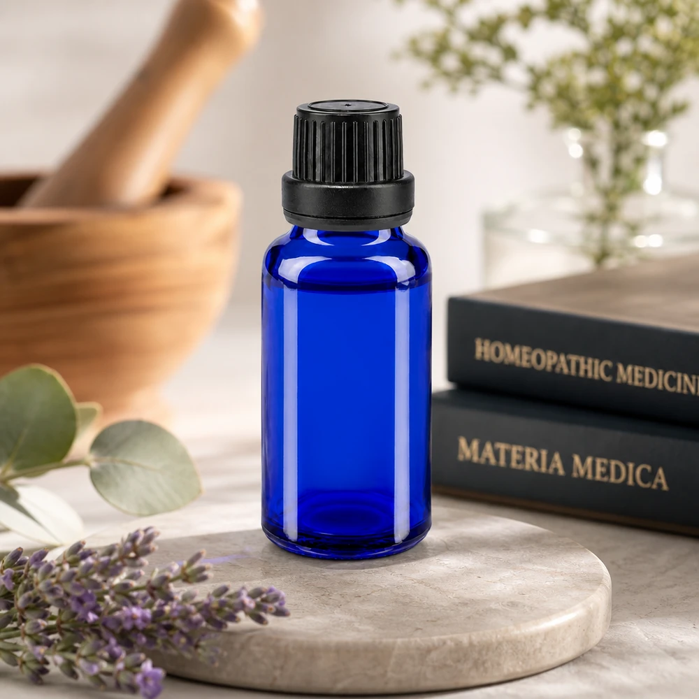 Niebieska buteleczka homeopatyczna z kroplomierzem o pojemności 20 ml, z zamknięciem zabezpieczającym, na tle marmuru, wraz z książkami z materia medica