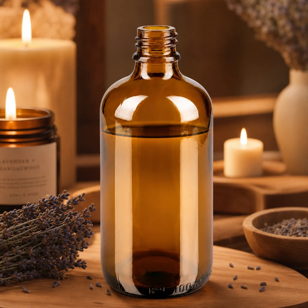 Brązowa butelka aptekarska ApoGlas 100 ml z aromaterapią lawendową i świecami w ciepłej atmosferze na drewnie