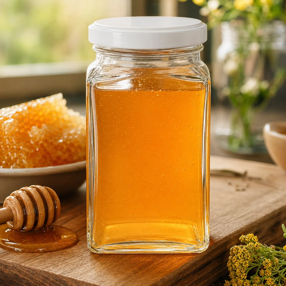 260 ml słoik BasicSeal tetra wypełniony miodem na rustykalnej drewnianej desce z łyżką miodu i dzikimi kwiatami w stylu wiejskiej kuchni