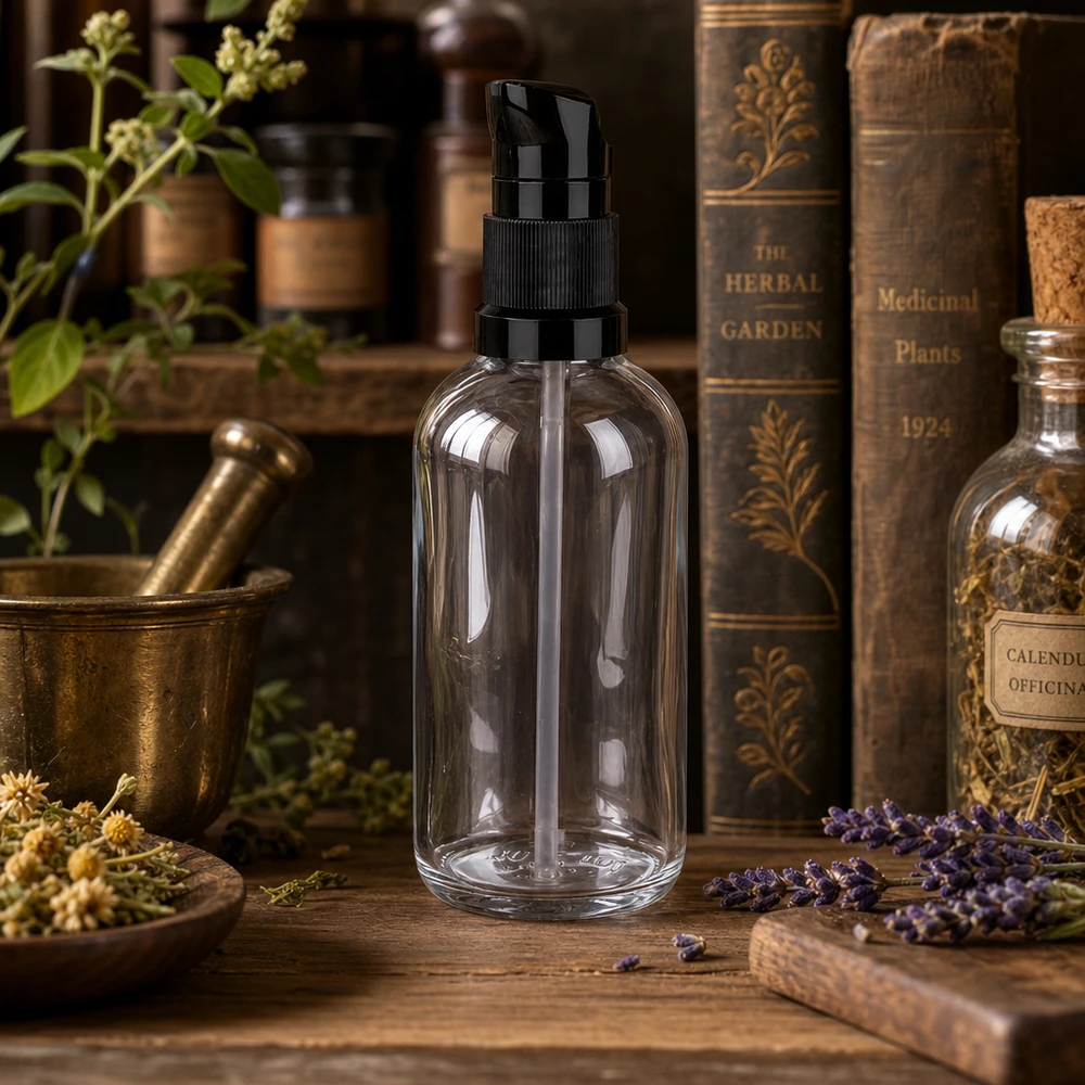Pusta butelka z pompką ClearLine UT18 o pojemności 100 ml, przezroczysta, z czarną pompką dozującą, butelka apteczna ze szkła