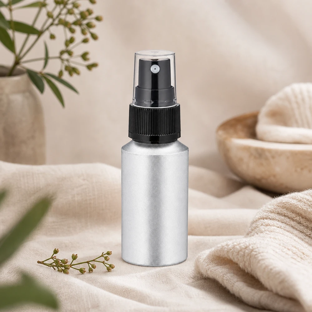 Butelka z barwionego aluminium o pojemności 30 ml z atomizerem Kompaktowa butelka z rozpylaczem o pojemności 30 ml wykonana z wytrawionego aluminium o ergonomicznej konstrukcji do użytku w podróży
