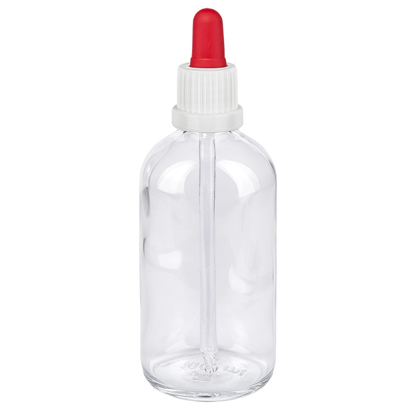 100 ml butelka z pipetą biała/czerwona OV ClearLine UT18/100 Butelka z pipetą o pojemności 100 ml, wykonana z przezroczystego szkła, z białą zakrętką i czerwoną kulką pipety