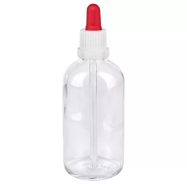 100 ml butelka z pipetą biała/czerwona OV ClearLine UT18/100 Butelka z pipetą o pojemności 100 ml, wykonana z przezroczystego szkła, z białą zakrętką i czerwoną kulką pipety