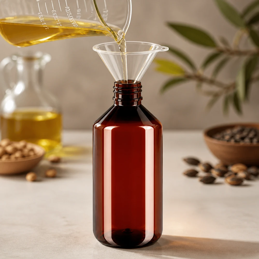 Butelka PET o pojemności 750 ml w kolorze bursztynowym podczas napełniania żółtym olejem za pomocą lejka