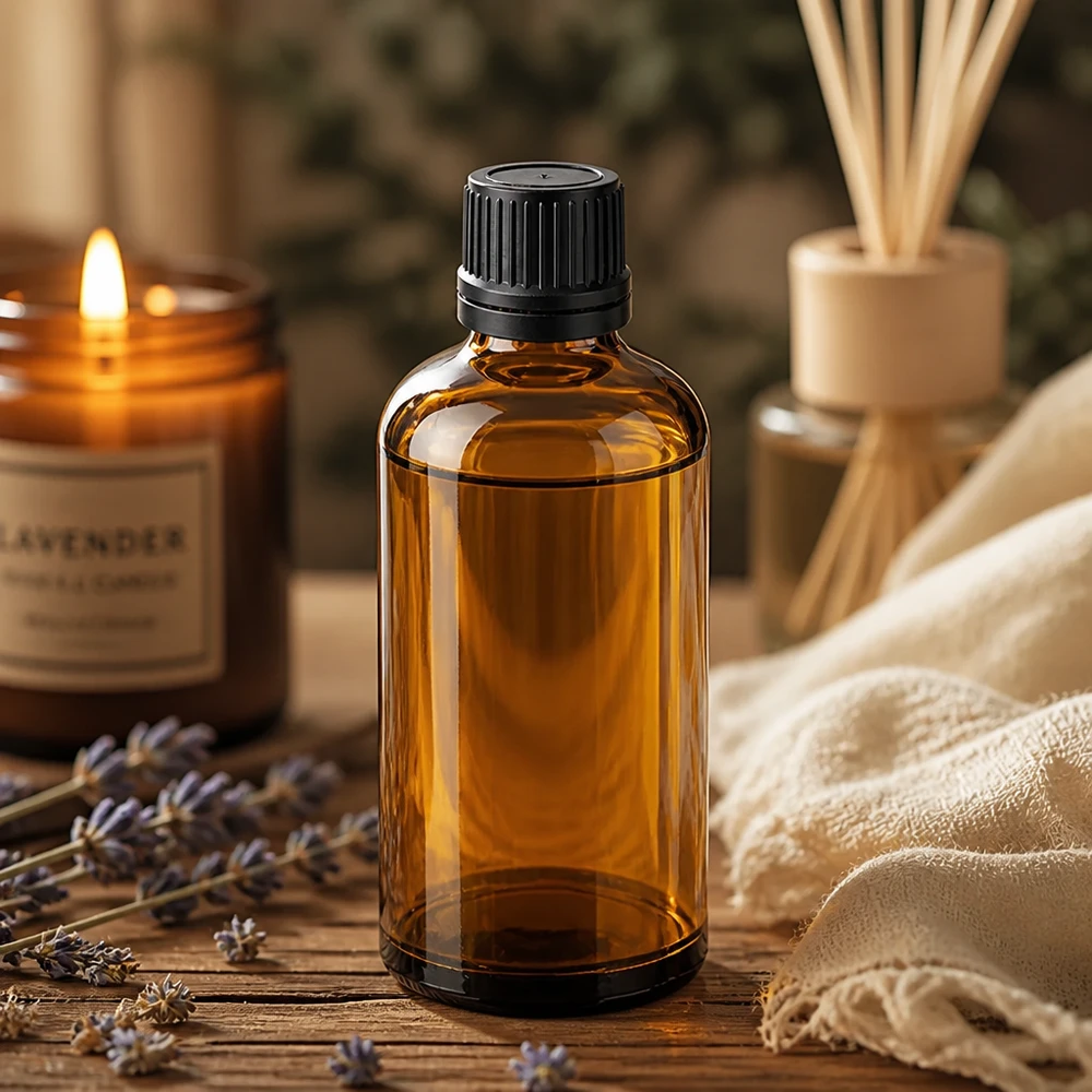 Wysokiej jakości butelka z zakraplaczem o pojemności 100 ml w odcieniach brązu z czarną zakrętką do aromaterapii