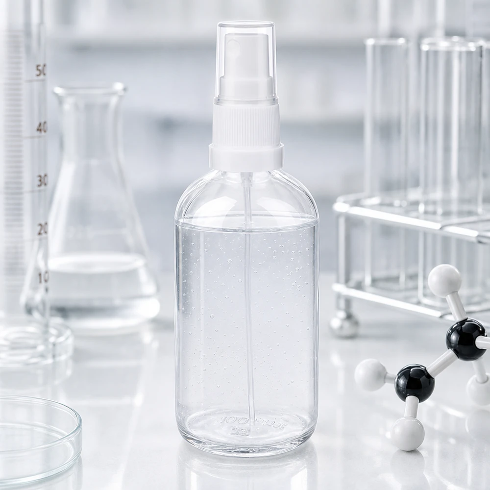 100 ml butelka ze spryskiwaczem biała/przezroczysta STD ClearLine UT18/100 Butelka z atomizerem ClearLine UT18 o pojemności 100 ml w laboratorium wraz z probówkami i modelem cząsteczki