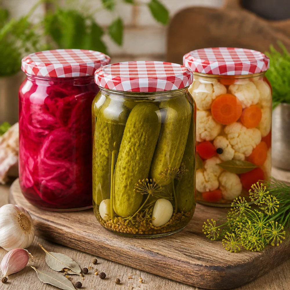 795 ml okrągły słoik z pokrywką BasicSeal z kiszonymi ogórkami, kiszoną kapustą i mieszanką warzyw na drewnianej desce z przyprawami