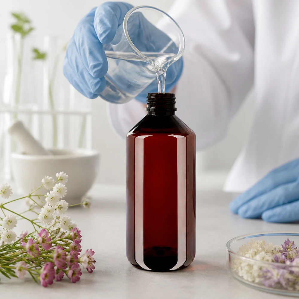 Laborant napełnia brązową butelkę PET o pojemności 1000 ml płynem, wyposażoną w zabezpieczony przed dziećmi zamknięcie gwarantujące nienaruszalność opakowania