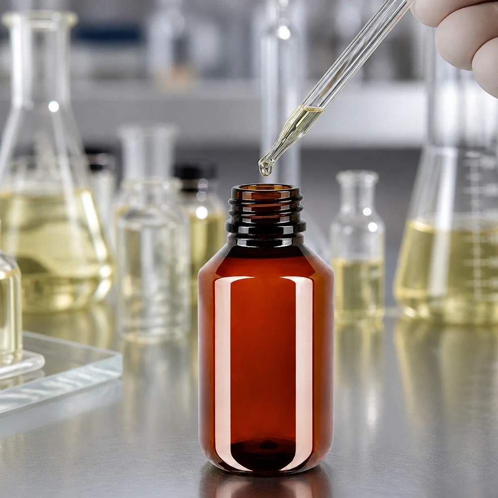Cylindryczna butelka PET o pojemności 100 ml w kolorze bursztynowym z zamknięciem odgazowującym, przeznaczona do chemikaliów laboratoryjnych