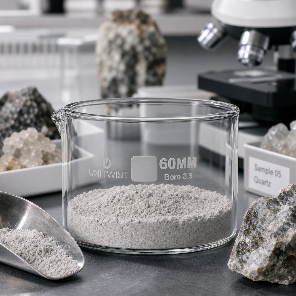 Miska do krystalizacji ø60 mm szkło borokrzemowe UNiTWIST Miska krystalizacyjna 60 mm UNiTWIST z szarym proszkiem mineralnym na stole laboratoryjnym, otoczona próbkami skał