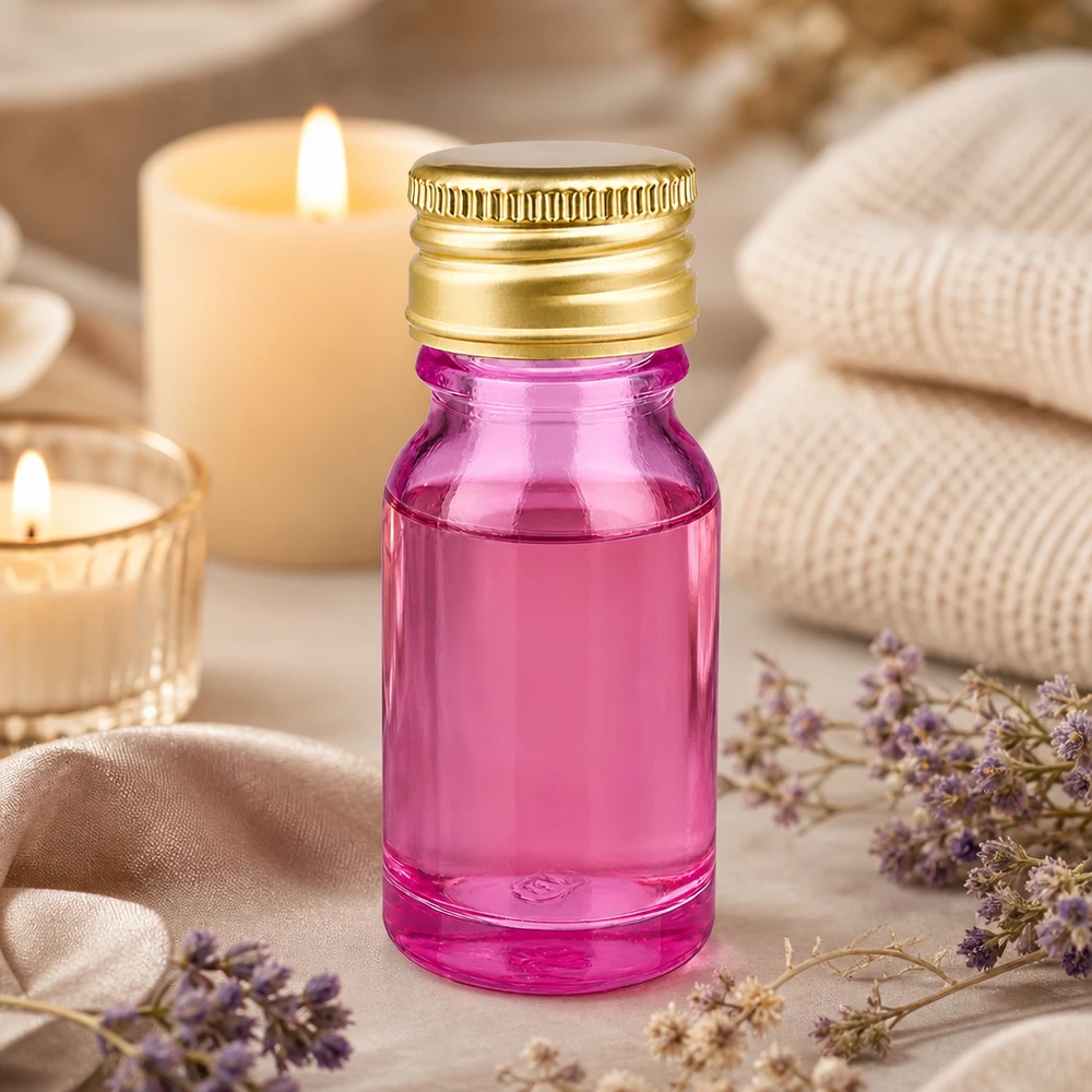 Butelka 10ml 11mm zakrętka aluminiowa standard złota PurpleLine. UT18/10 Wysokiej jakości butelka o pojemności 10 ml z teksturowaną złotą zakrętką i fioletowym szkłem do produktów kosmetycznych premium