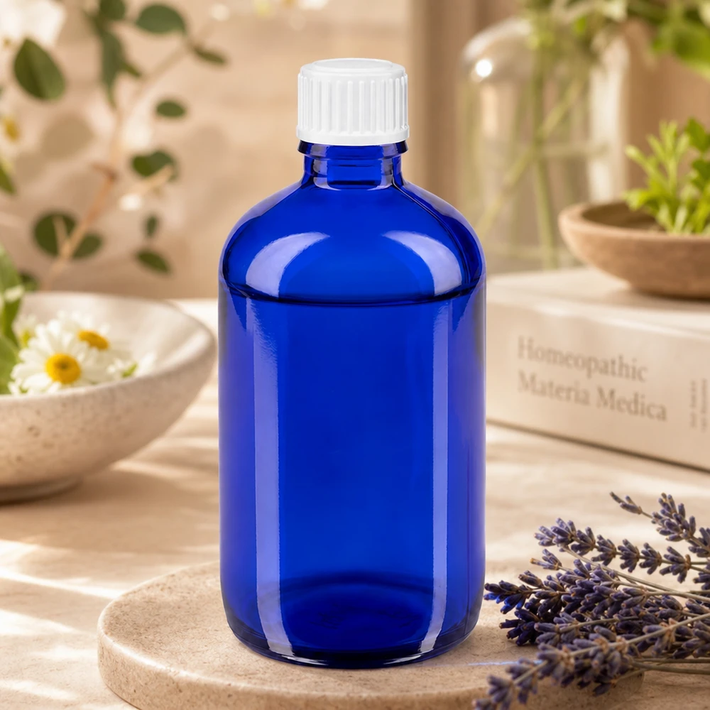 Butelka apteczna niebieska 100ml zakrętka biała szt. Niebieska szklana butelka o pojemności 100 ml z białym zamknięciem obok lawendy i książki o homeopatii