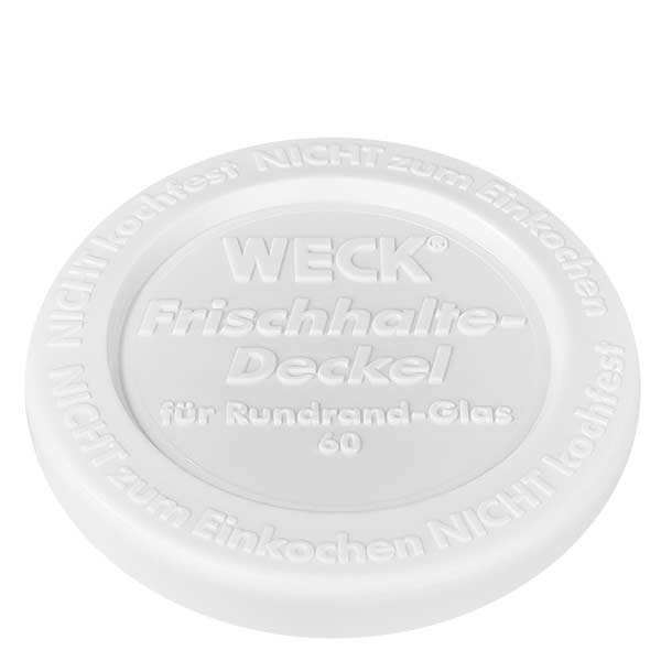 Słoik o pojemności 140 ml z pokrywką zachowującą świeżość WECK RR60 Pokrywka WECK freshness biała RR60 do słoika 340 ml Pokrywka w zbliżeniu z wytłoczonym logo i napisem