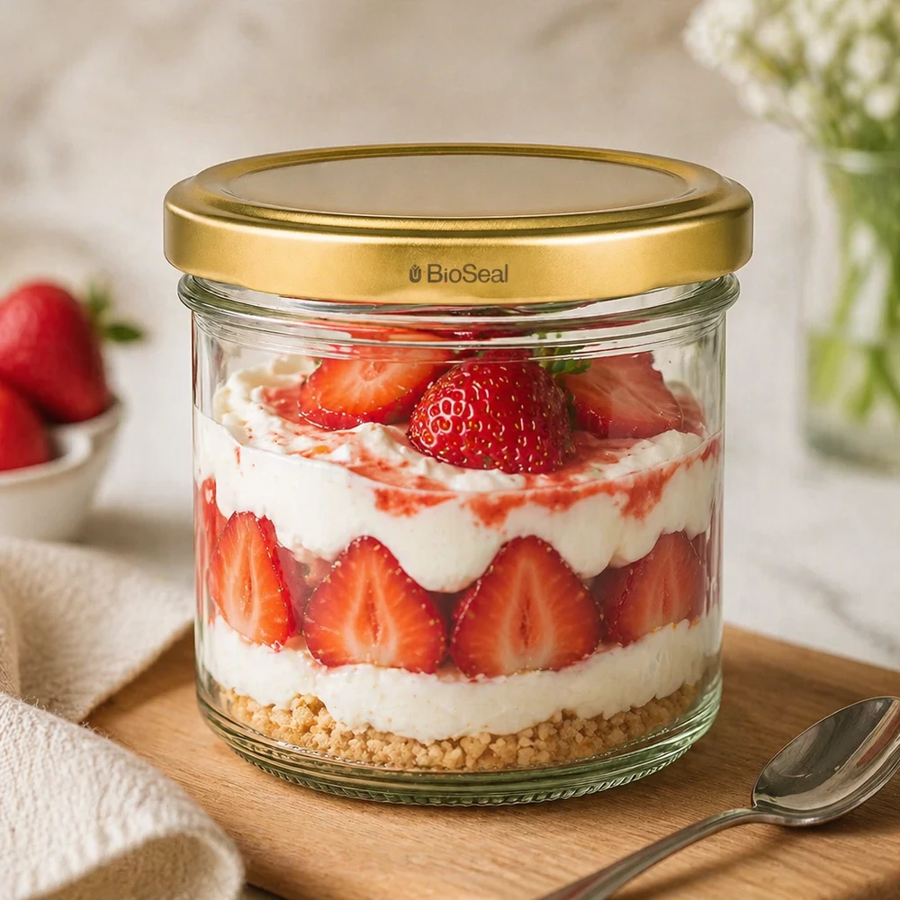 UNiTWIST Lintel125 w kolorze złotym. Pokrywa TO66 BioSeal Słoik deserowy UNiTWIST 125 ml z truskawkowym trifle - złota pokrywka TO66 na drewnianej desce z łyżeczką i dekoracją