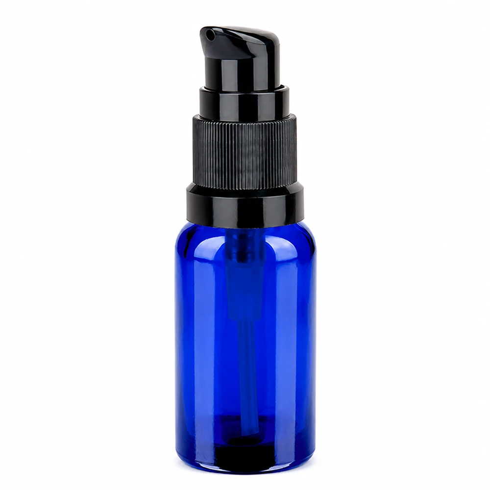 Butelka z pompką 20 ml czarna STD BlueLine UT18/20 Butelka z pompką 20 ml czarna STD BlueLine UT18/20 - niebieskie szkło z czarnym dozownikiem z pompką