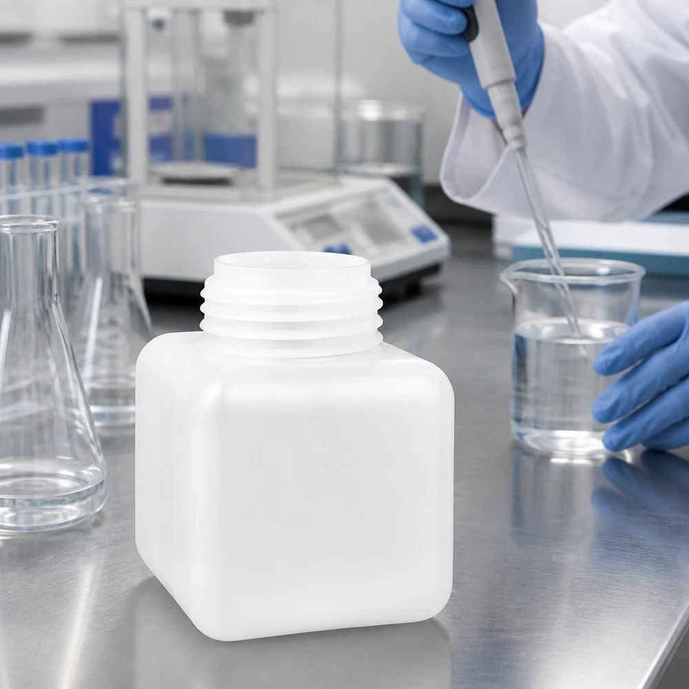 Butelka na chemikalia 500ml, szeroka szyjka z PE-HD, kolor naturalny, GL 65 Kwadratowa butelka z tworzywa sztucznego o pojemności 500 ml, z PE-HD w kolorze naturalnym, z szeroką szyjką, przeznaczona do profesjonalnych laboratoriów