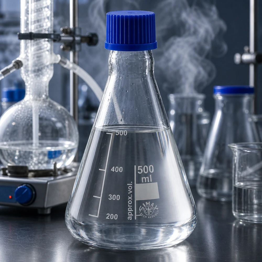 Kolba Erlenmeyera 500 ml z precyzyjną skalą objętości i niebieską zakrętką do dokładnych pomiarów