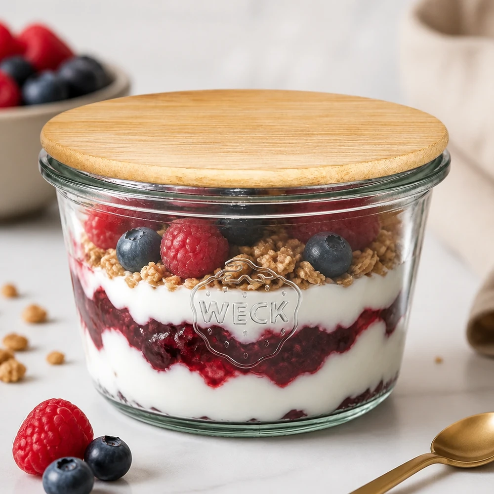 Kubki WECK RR100 370ml z bambusową pokrywką wypełnione warstwowym deserem musli jagodowym - jogurt granola maliny