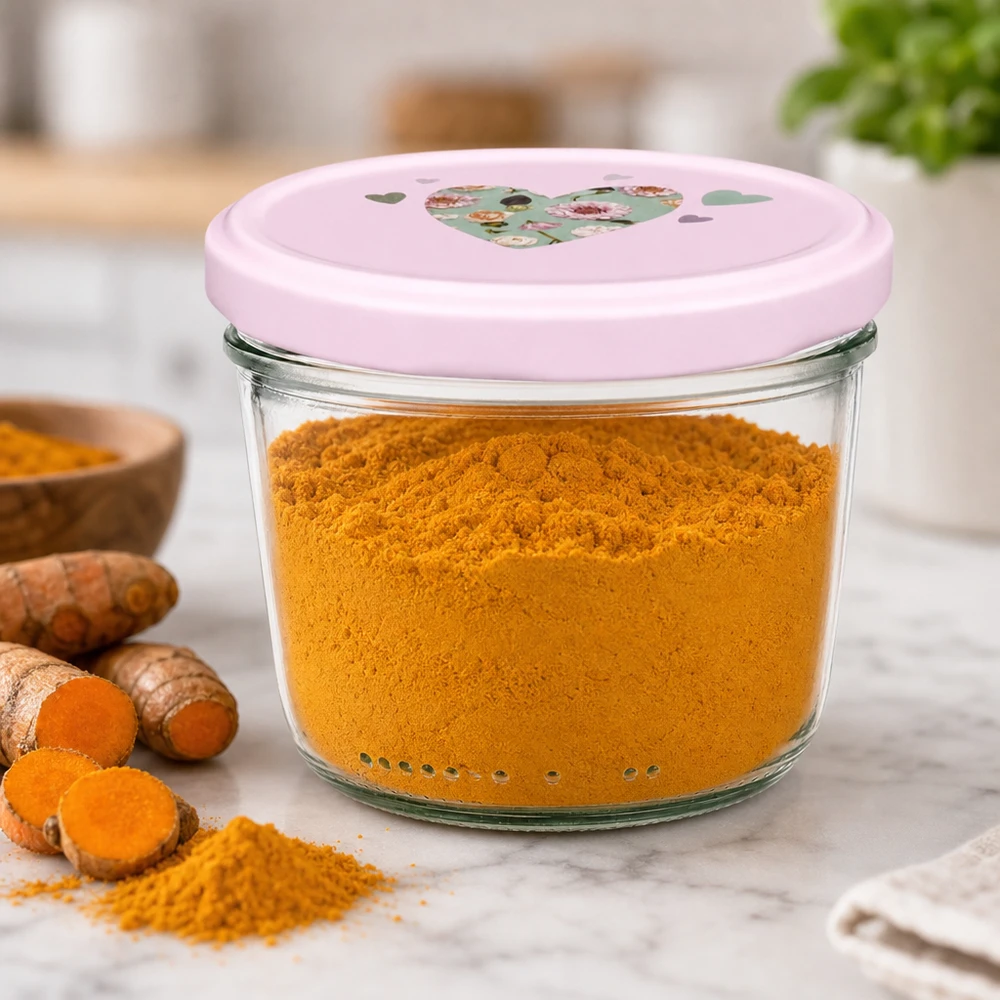 230 ml słoik z różową pokrywką w kształcie serca wypełniony kurkumą w proszku obok świeżych korzeni kurkumy Kuchnia
