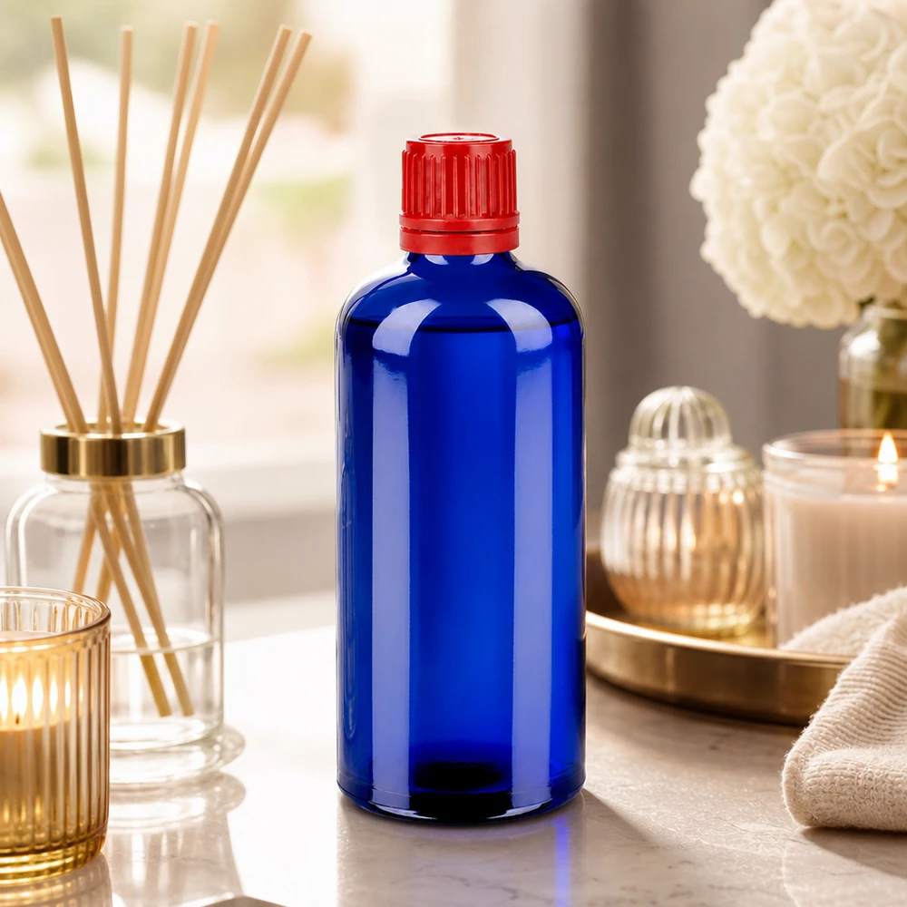 Butelka 100 ml 11 mm SV czerwony OV BlueLine UT18/100 Mała butelka aptekarska o pojemności 100 ml z ciemnoniebieskiego szkła z czerwoną nasadką zabezpieczającą na krople