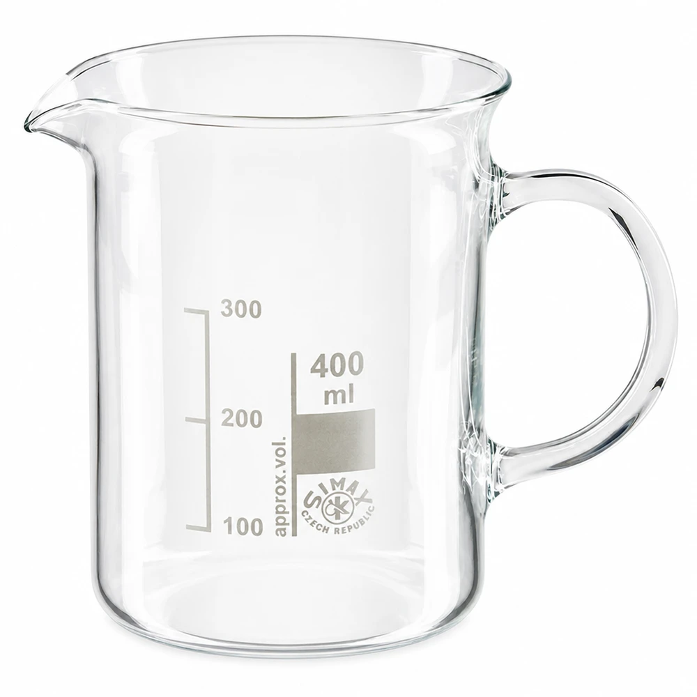Zlewka 400 ml ze szkła borokrzemowego, z uchwytem Szklanka o pojemności 400 ml, wykonana ze szkła borokrzemowego, z uchwytem i skalą mililitrową do 300 ml