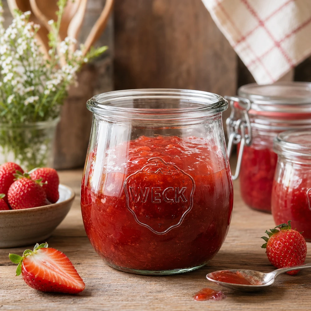 WECK tulipan słoik 220ml RR60 wypełniony dżemem truskawkowym na rustykalnym drewnianym stole ze świeżymi truskawkami
