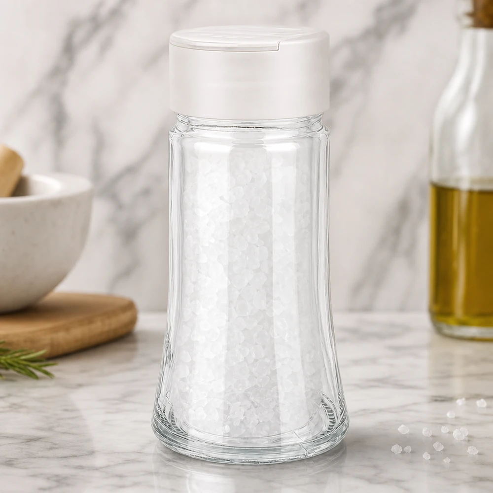 Słoik na sól/przyprawy 95 ml z podwójnym dozownikiem, biały Szklanka na sól o pojemności 95 ml z białą podwójną solniczką, wypełniona gruboziarnistą solą morską, na marmurowej podstawce