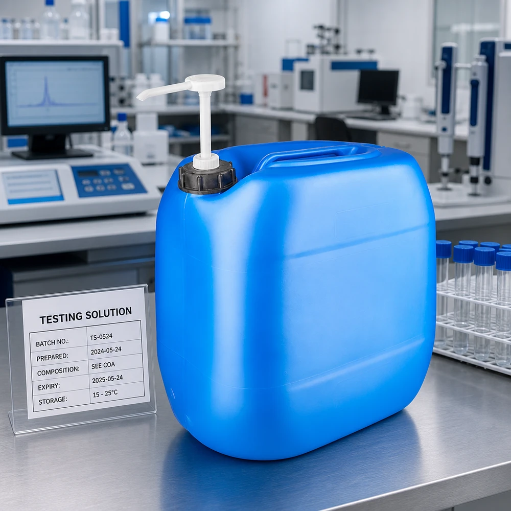 Niebieski kanister o pojemności 30 litrów z pompą dozującą na laboratoryjnym stole ze stali nierdzewnej obok probówek