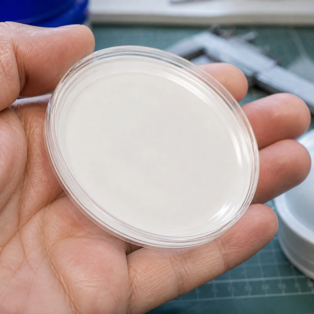 Pokrywka BasicSeal 70 mm, biała (TO70) UNiTWIST Zbliżenie na białą pokrywkę BasicSeal 70 mm TO70 UNiTWIST z przezroczystą plastikową krawędzią na dłoni
