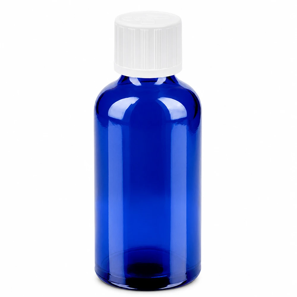 Butelka 50 ml 11 mm SV biała STD KiSi BlueLine UT18/50 50 ml niebieska szklana butelka z białą zakrętką na olejki eteryczne i kosmetyki