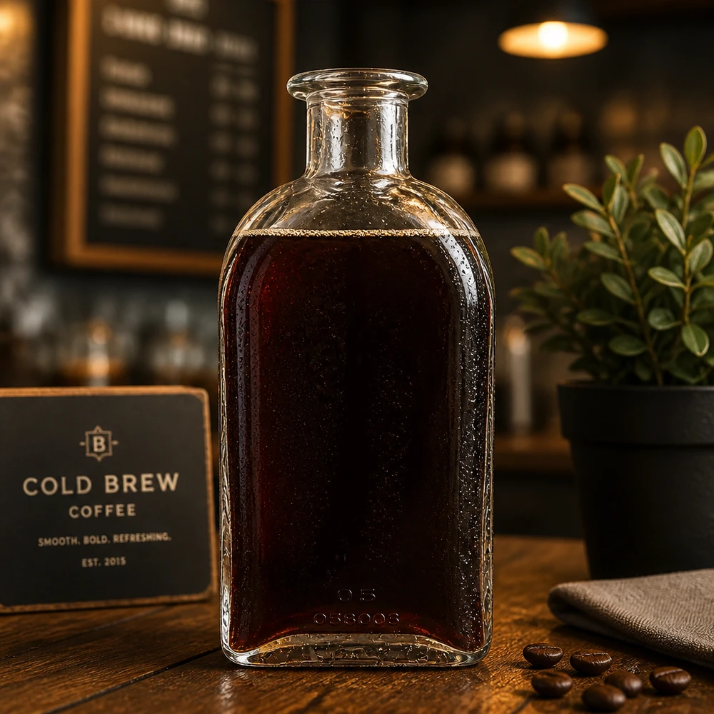 500 ml szklana butelka Julia wypełniona kawą parzoną na zimno w kawiarnianej atmosferze z ziarnami kawy i stylową prezentacją