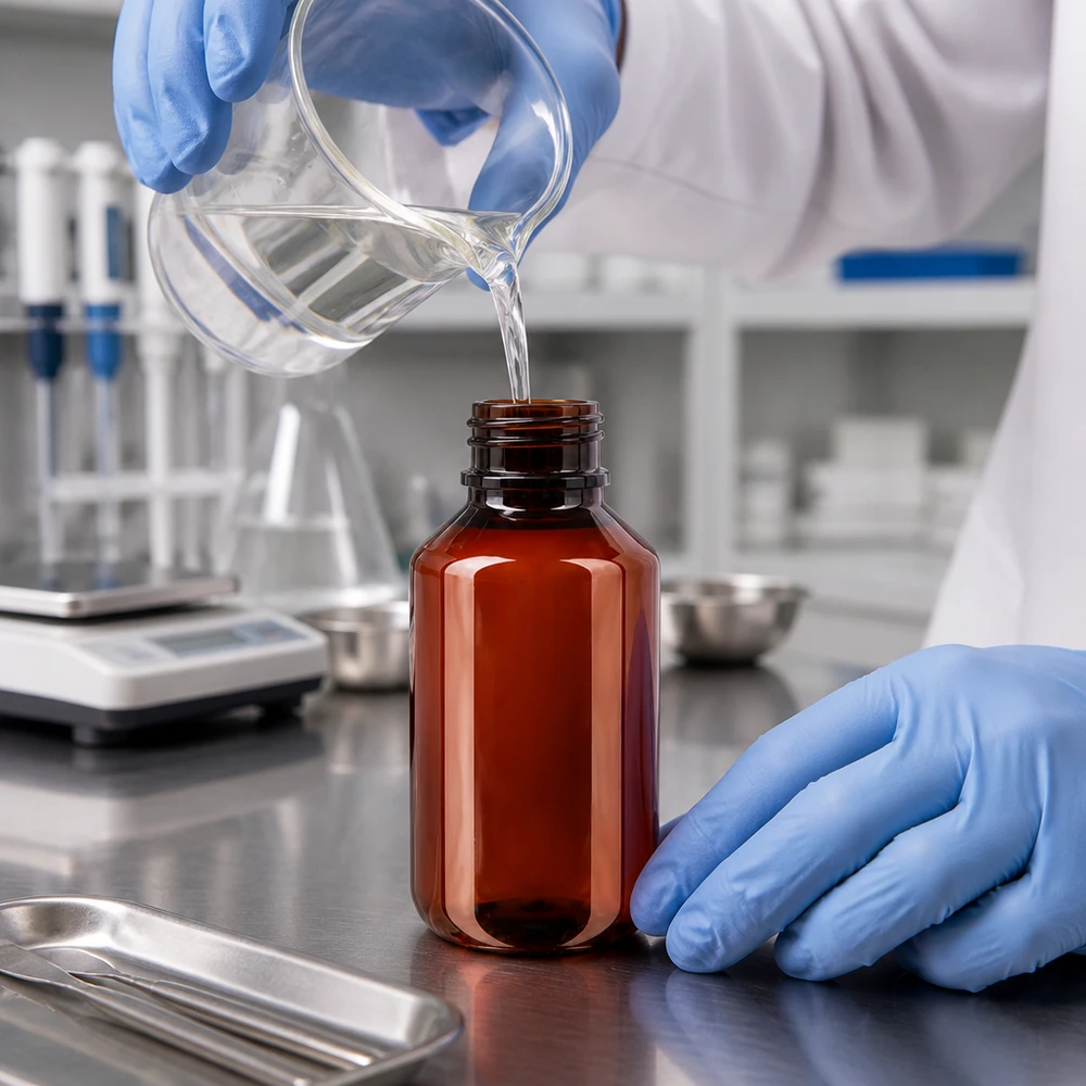 Butelka PET 100 ml z czarną nakrętką OV Kleine bernsteinfarbene Kunststoffflasche 100ml für Laborchemikalien beim fachgerechten Befüllen
