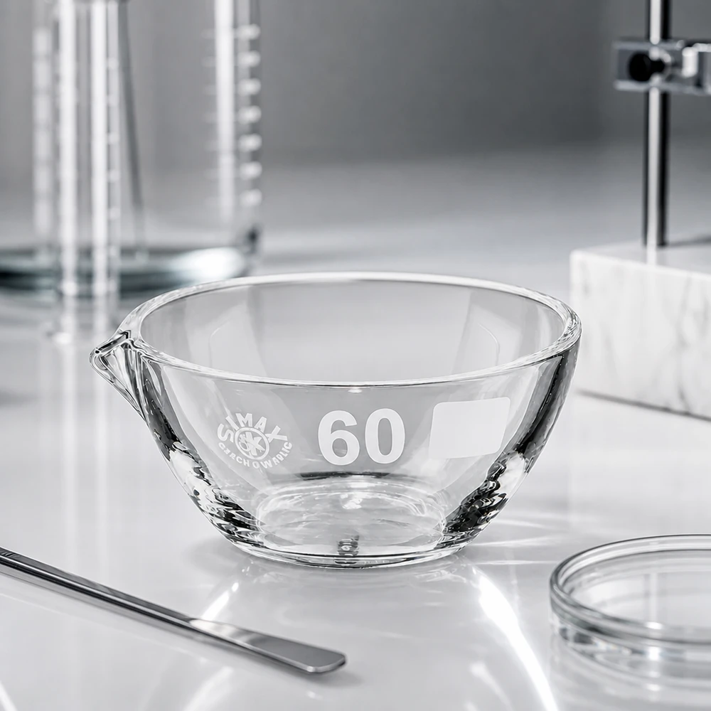 Naczynie do odparowywania o pojemności 45 ml z borokrzemianową wylewką Małe 45 ml borokrzemianowe naczynie do odparowywania z dziobkiem, idealne do mikroanaliz i precyzyjnego dozowania.