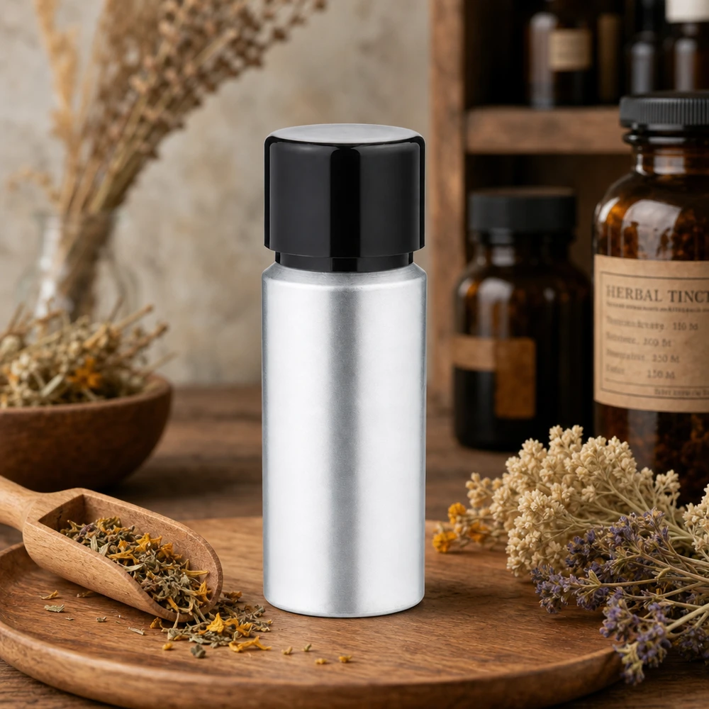 Butelka z barwionego aluminium o pojemności 20 ml z zakrętką Cylindryczna aluminiowa butelka o pojemności 20 ml z czarną zakrętką - kształt oszczędzający miejsce dla optymalnego przechowywania