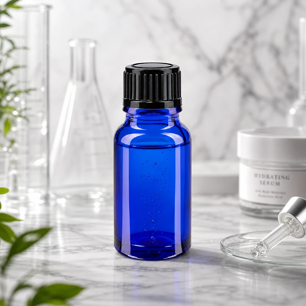 Butelka apteczna niebieska 10ml zakrętka czarna szt. Niebieska buteleczka apteczna o pojemności 10 ml z czarną nakrętką obok kolby laboratoryjnej i serum hialuronowego
