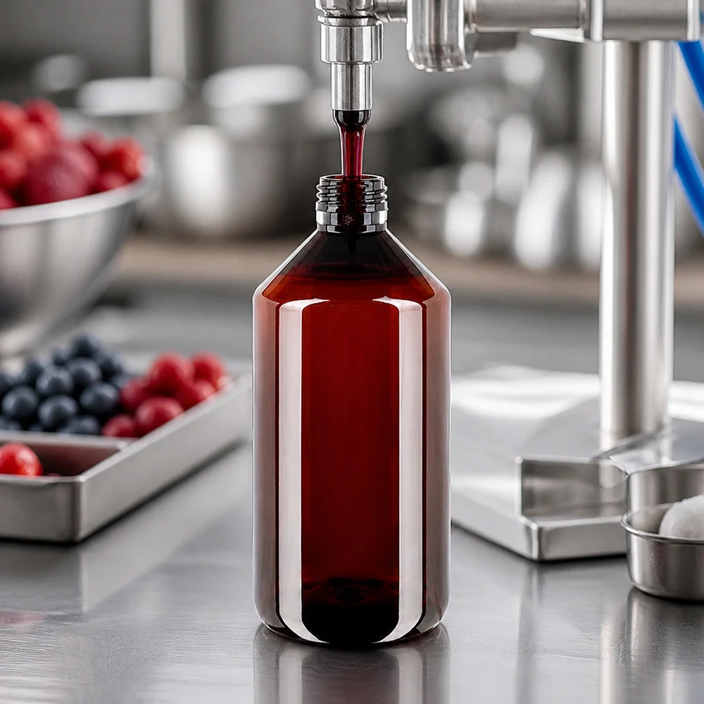Butelka PET 750ml PP28 bez zakrętki Brązowa butelka PET o pojemności 750 ml (typ PP28) jest napełniana przemysłowo sokiem jagodowym na stole ze stali nierdzewnej